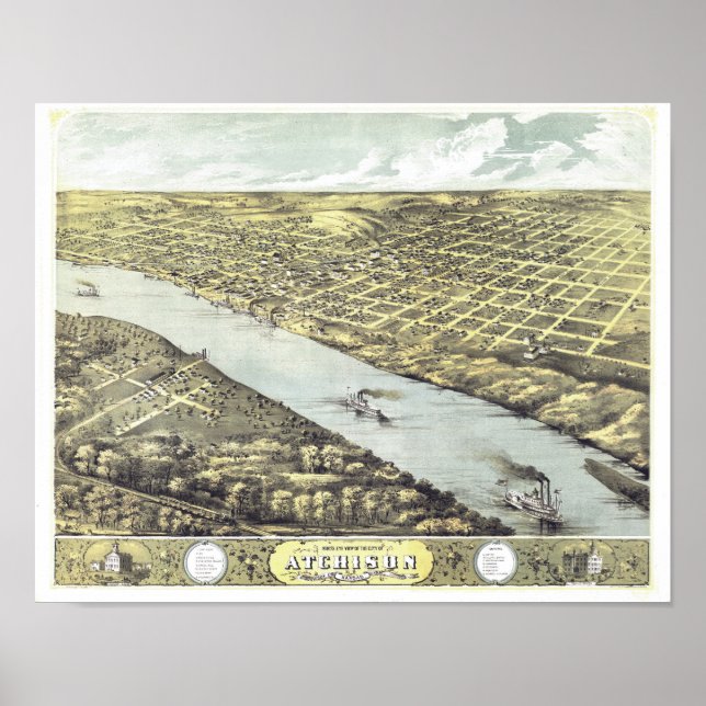 Póster Antique Vintage Map Atchison River Kansas 1869 (Frente)