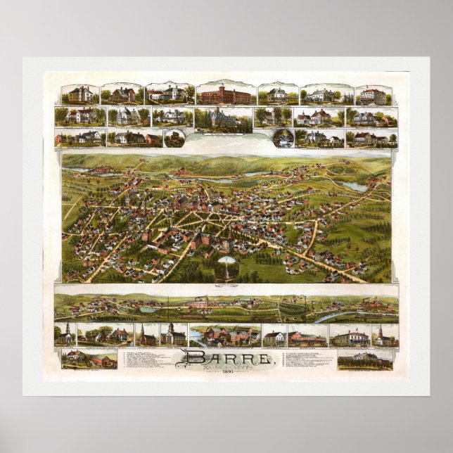 Póster Antique Vintage Map Barre Massachusetts USA 1891 (Frente)