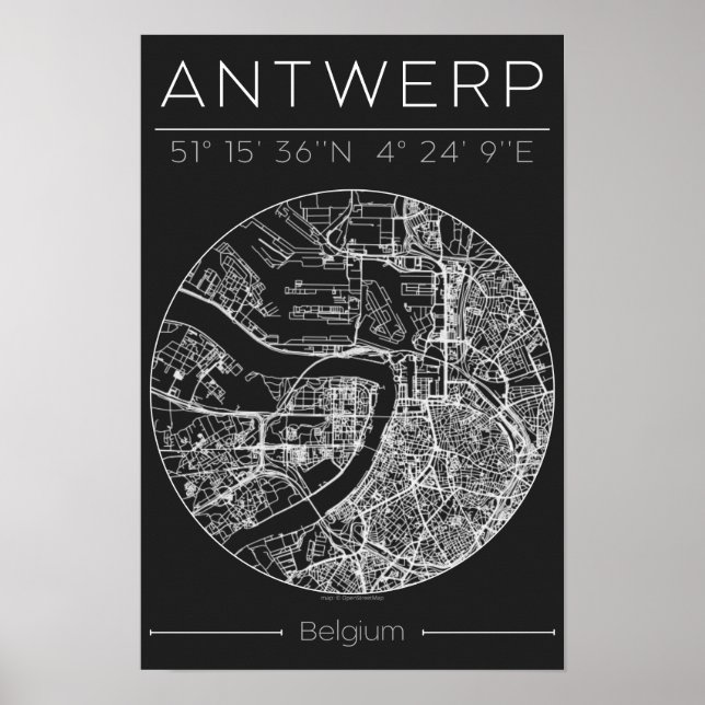 Póster Antwerp City Map Poster Charcoal Minimal European  (Frente)