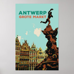 Póster Antwerp Grote Markt ilustracion Bélgica