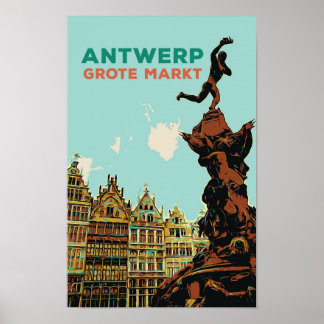 Póster Antwerp Grote Markt ilustracion Bélgica