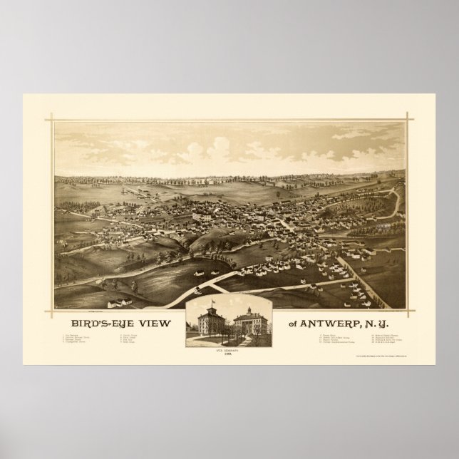 Póster Antwerp, Mapa Panorámico NY - 1888 (Frente)