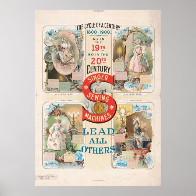 Póster Anuncio antiguo de máquina de coser Singer (Frente)