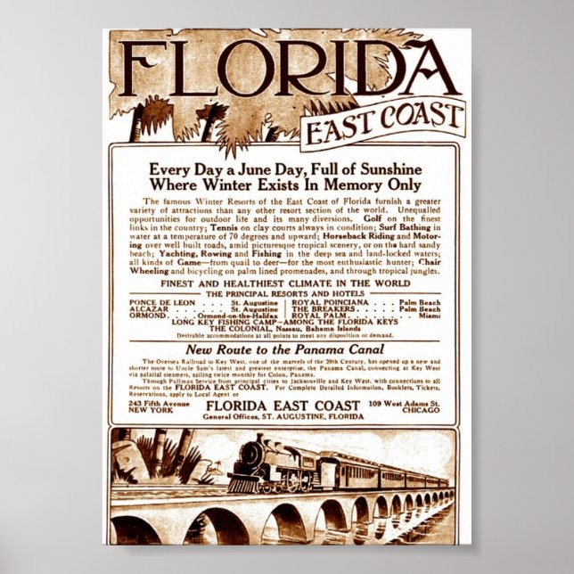 Póster Anuncio de 1913 en Florida East Coast Railway (Frente)