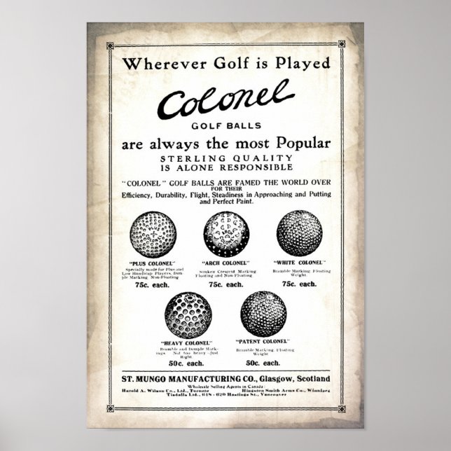 Póster Anuncio de 1915 de Colonel Golf Balls (Frente)