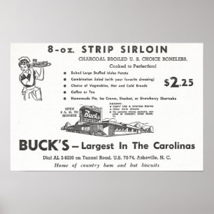 Póster Anuncio de 1960 para el restaurante Buck's en Ashe