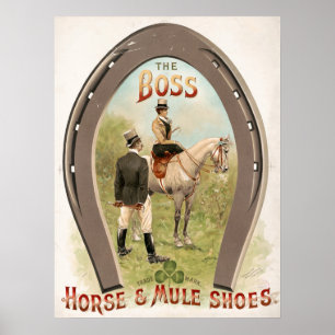 Póster Anuncio de cosecha de zapatos de jefe, caballo y m