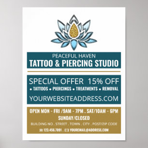 Póster Anuncio de estudio de tatuaje de Lotus, tatuaje y
