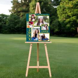 Póster Anuncio de Graduación Verde y Dorado con Múltiples