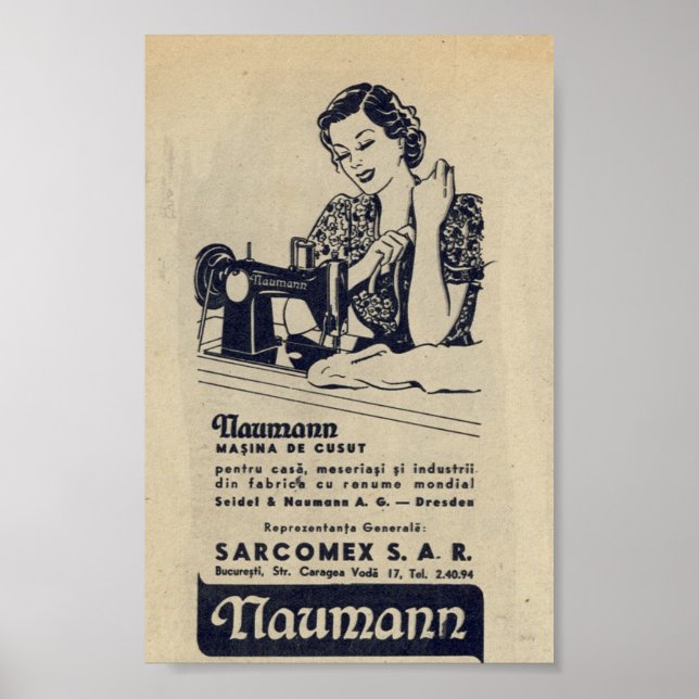 Póster Anuncio de la máquina de coser 1940, rumana, NAUMA (Frente)