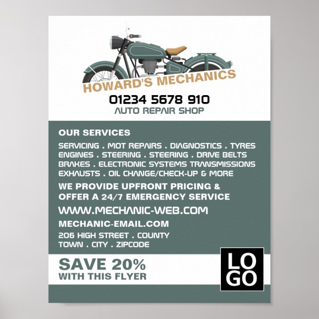 Póster Anuncio de motocicleta clásica, mecánica automátic (Frente)