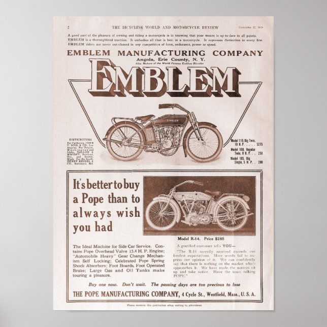 Póster Anuncio de motocicleta Emblem y Papa de 1914 (Frente)