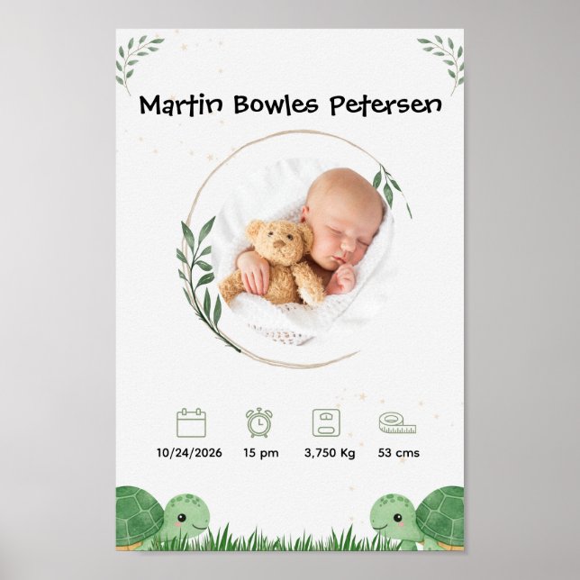 Póster Anuncio de nacimiento de bebé personalizado  (Frente)
