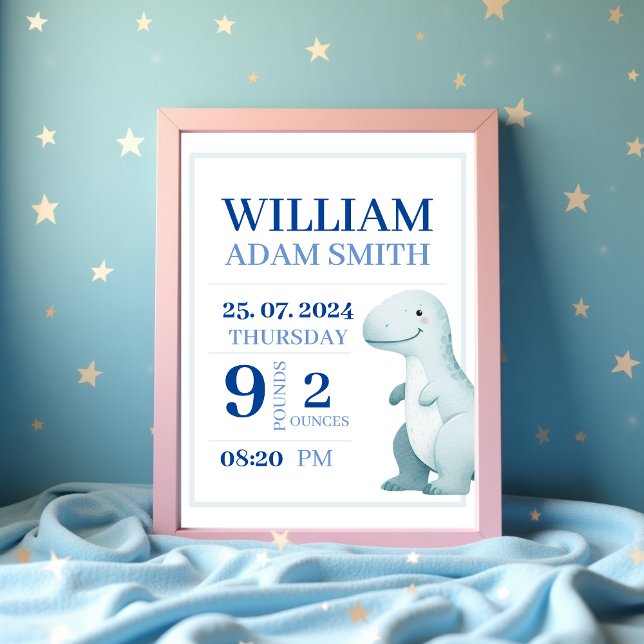Póster Anuncio de nacimiento personalizado de Baby Boy Di (Baby Boy Cute Dinosaur Personalised Birth Announcement Poster )