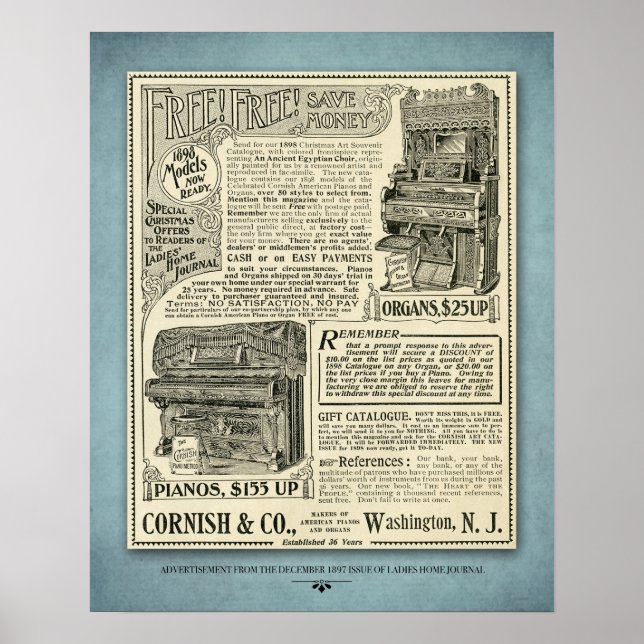 Póster Anuncio de piano vintage (Frente)