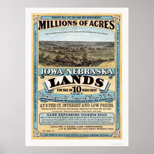 Póster Anuncio de tierra de Iowa y Nebraska 1872 (Frente)