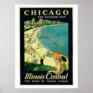Póster Anuncio de viaje a la playa de Chicago de los años