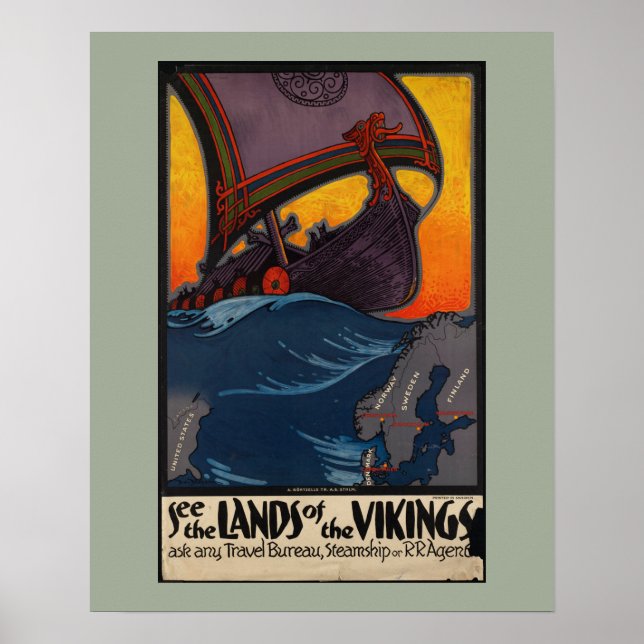 Póster Anuncio de viaje de época escandinava con barco vi (Frente)