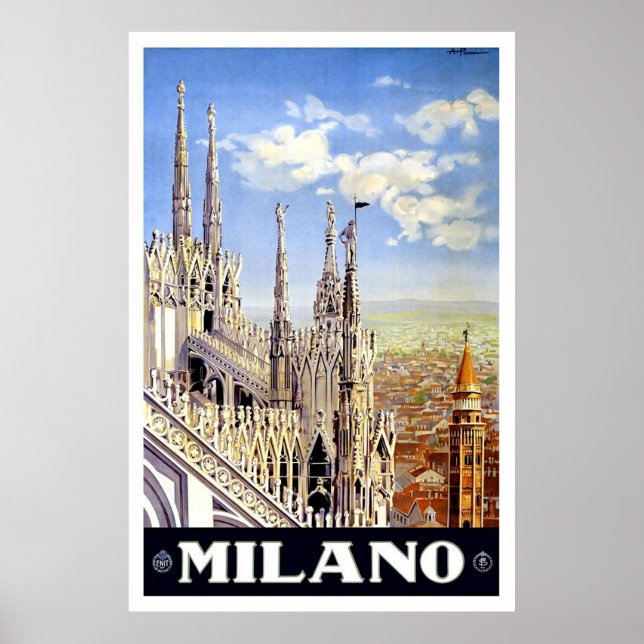Póster Anuncio de viaje de Milano de época (Frente)