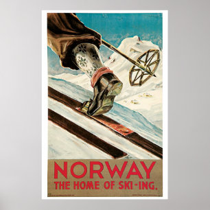 Póster Anuncio de viaje para esquiar en Noruega de los añ