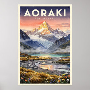 Póster Aoraki Mount Cook Nueva Zelanda Viaje Vintage