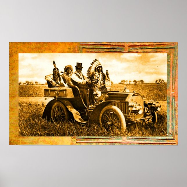 PÓSTER APACHES Y GERONIMO CONDUCIENDO UN AUTO MOTOR (Frente)