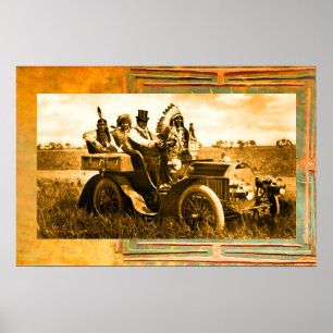 PÓSTER APACHES Y GERONIMO CONDUCIENDO UN AUTO MOTOR