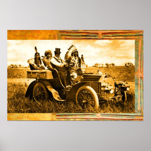 PÓSTER APACHES Y GERONIMO CONDUCIENDO UN AUTO MOTOR