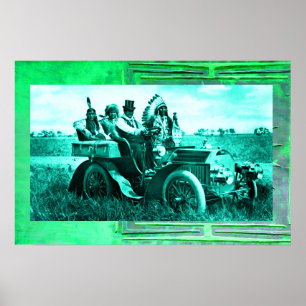 PÓSTER APACHES Y GERONIMO CONDUCIENDO UN AUTOMÓVIL