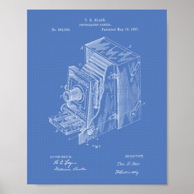 Póster Aparato de cámara 1887 Patent Art - Blueprint (Frente)