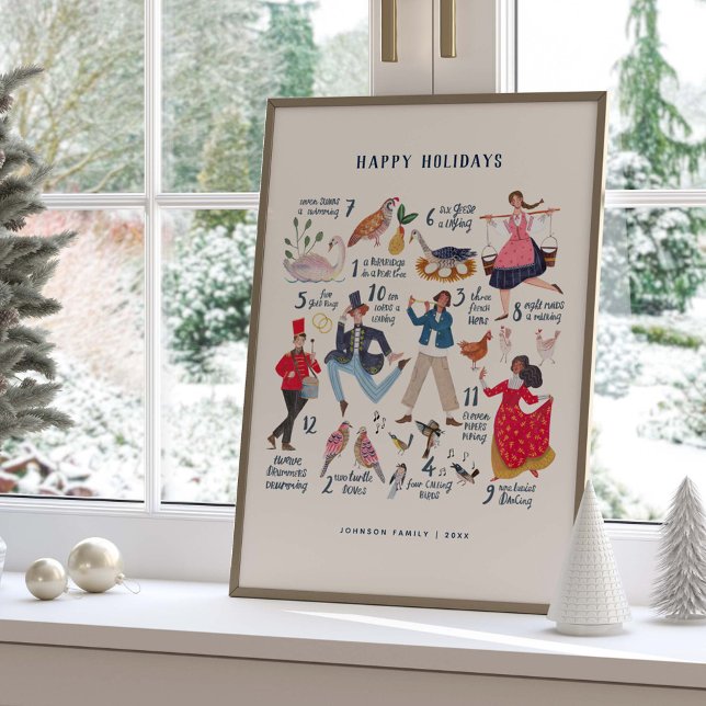 Póster Apenas 12 días de Ilustracion clásico de Navidades (Twelve Days of Christmas elegant traditional Wall Art Decoration)
