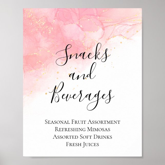 Póster Aperitivos rosados de oro y bebidas Rótulo Baby Sh (Frente)