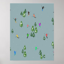 Póster Apertura de esquí Navidades Esquiadores de vacacio