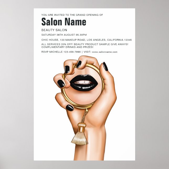 Póster Apertura del Salón de Belleza Gótica Negra y Oro (Frente)