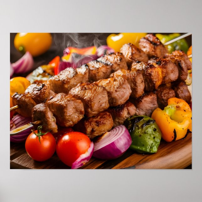 Póster Apetitoso shish kebab con carne a la parrilla (Frente)