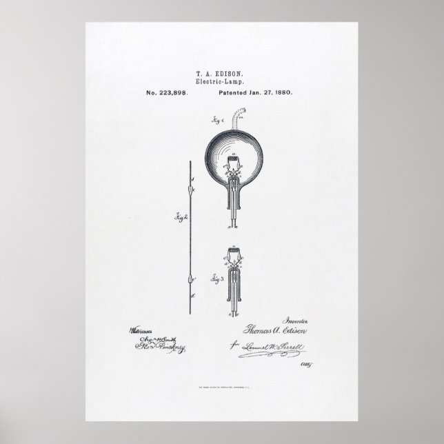 Póster Aplicación de patente de bombilla de Thomas Edison (Frente)