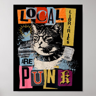 Póster Apoya la biblioteca local gato divertido leyendo l