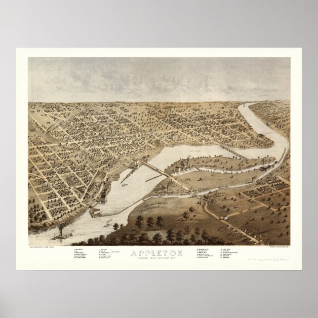 Póster Appleton, WI Mapa Panorámico - 1867 (Frente)