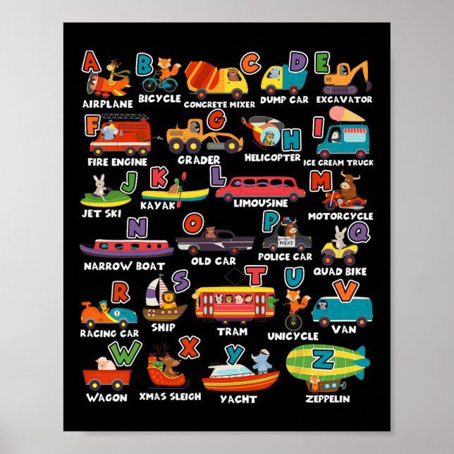 Póster Aprendiendo Transportación Carta Animal Abcs Profe (Frente)
