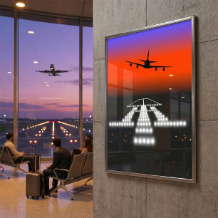 Póster Aproximación del avión al atardecer Luces de pista