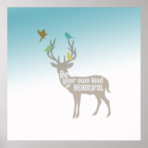 Póster Aqua Blue Be Beautiful Deer Birds
