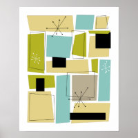 Aqua Blue Yellow Rectangles Starburst Mid Century