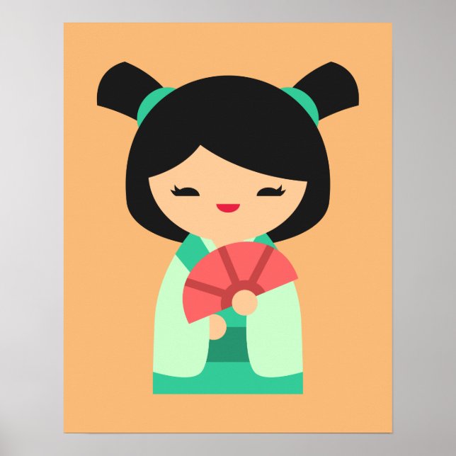 Póster aqua rosa Muñecas japonesas Kokeshi (Frente)
