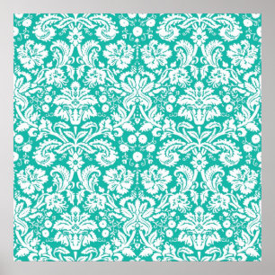 Póster Aqua Turquoise Teal damask pattern