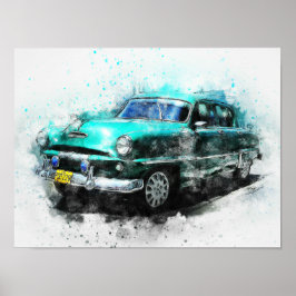 Póster Aqua Vintage Car 1950 16" X 12"