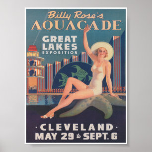 Póster Aquacade, Grandes Lagos, Publicidad de época