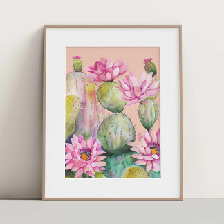 Póster Aquarell Kaktus mit pinken Blüten Poster