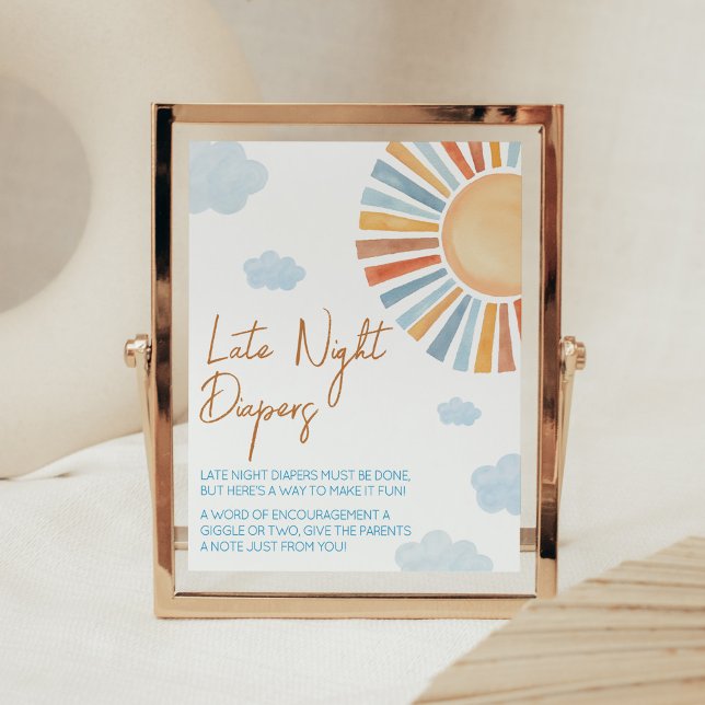 Póster Aquí Viene El Baby Shower De Sun Tarde Noche Diape (Blue Boho Sunshine Baby Shower Late Night Diapers Sign)