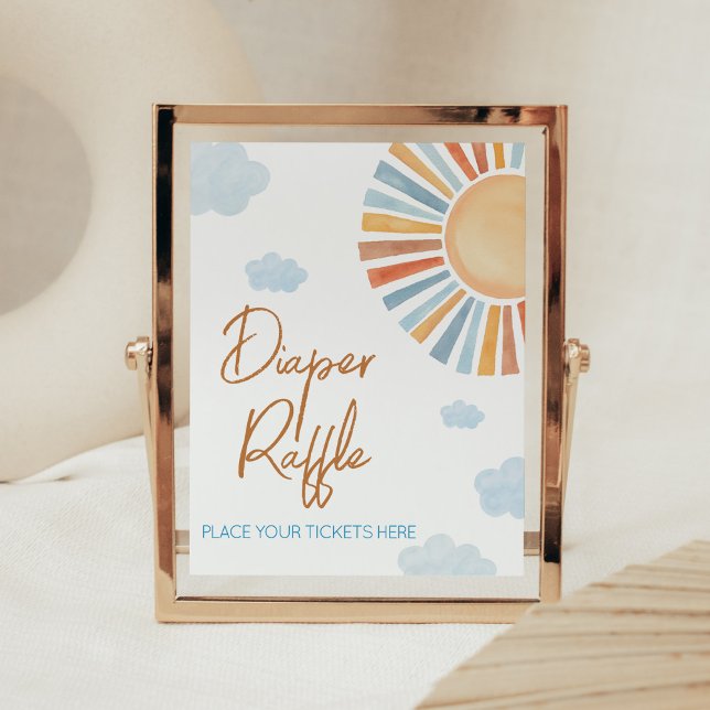 Póster Aquí Viene El Baby Shower Diaper Raffle (Blue Boho Sunshine Baby Shower Diaper Raffle Sign)