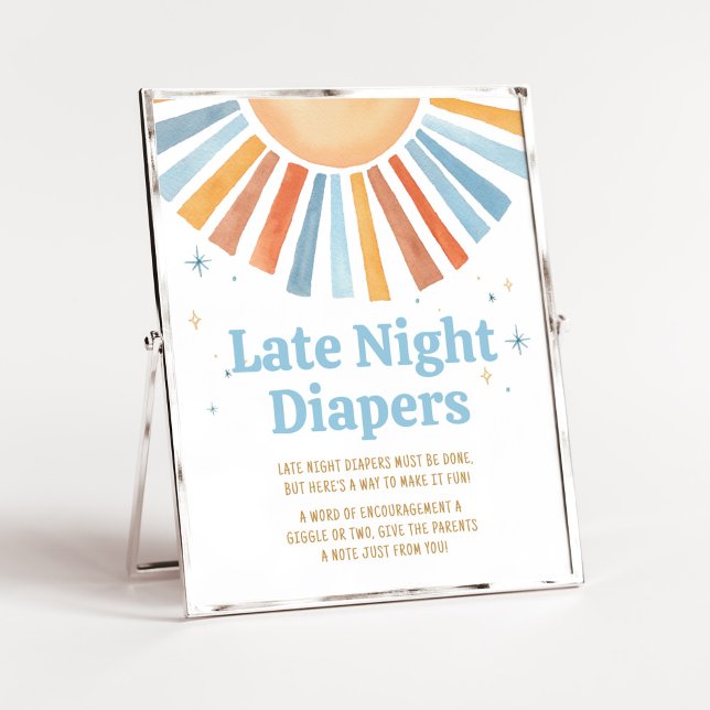 Póster Aquí viene el hijo Baby Shower de los pañales noct (Boho Sunshine Baby Shower Late Night Diapers Sign)